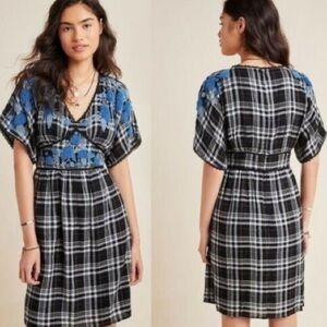 Anthropologie Womens Plus Black Blue Sarah Plaid Embroidered Tunic Dress Size 14